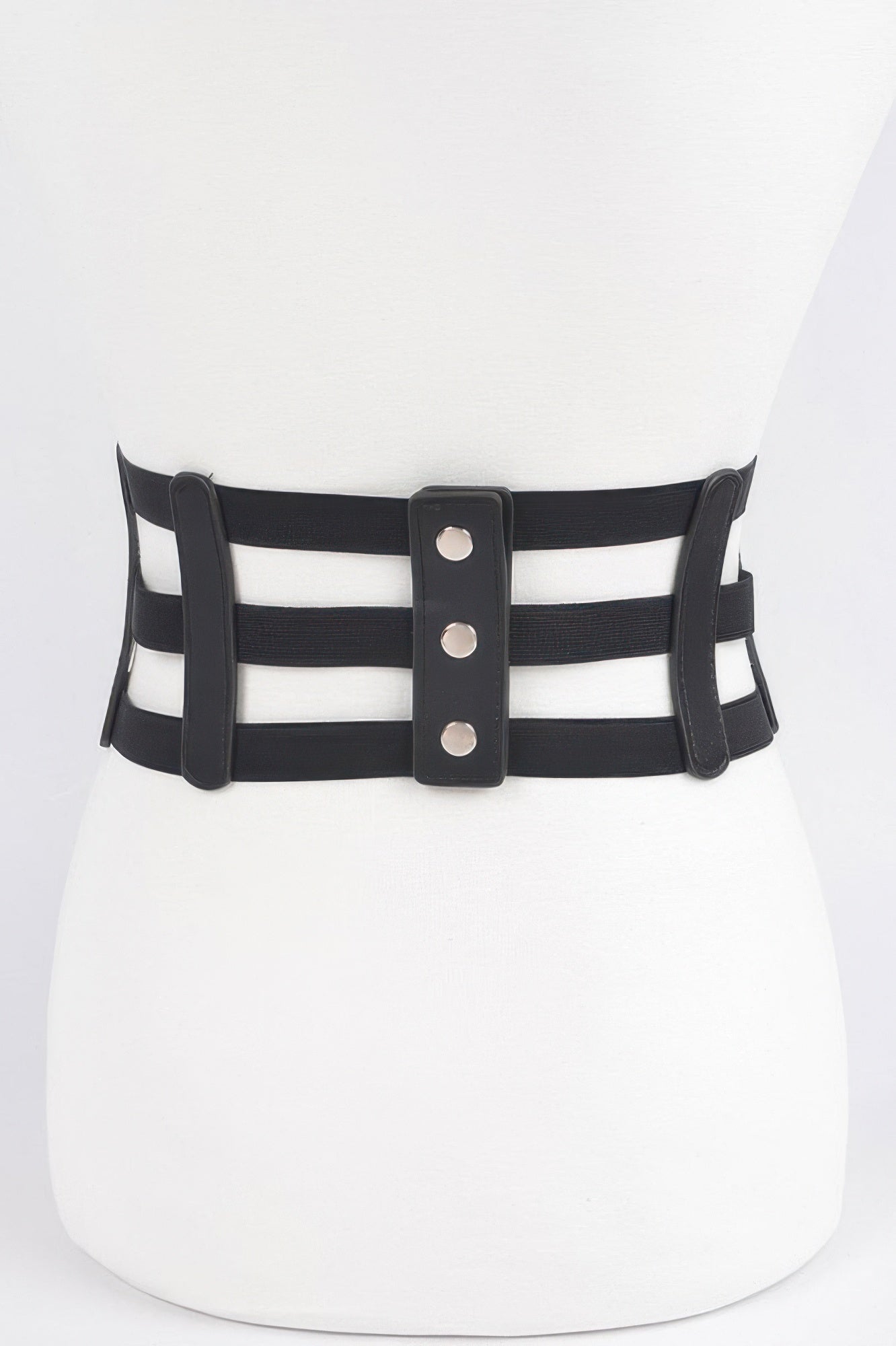 CCWHOLESALECLOTHING black wide elastic belt for women three horizontal straps front snap closures waist cincher