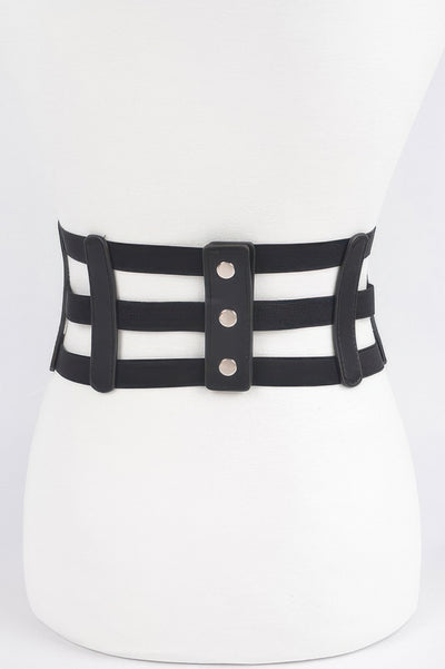 CCWHOLESALECLOTHING black wide elastic belt for women three horizontal straps front snap closures waist cincher