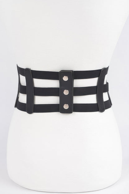 CCWHOLESALECLOTHING black wide elastic belt for women three horizontal straps front snap closures waist cincher