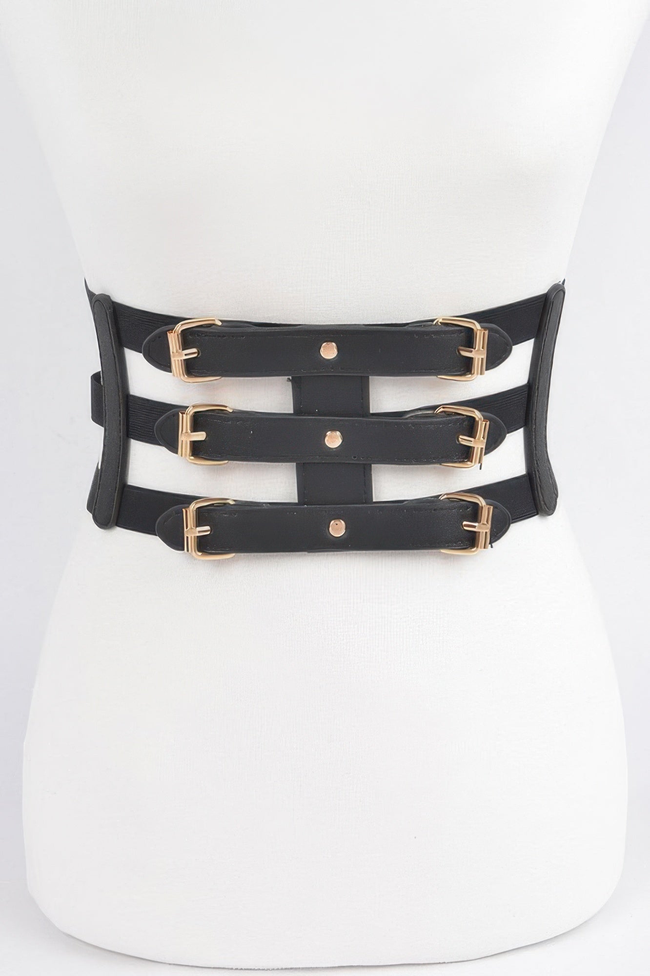Black wide elastic belt for women with three gold buckles corset style stretch waist cincher