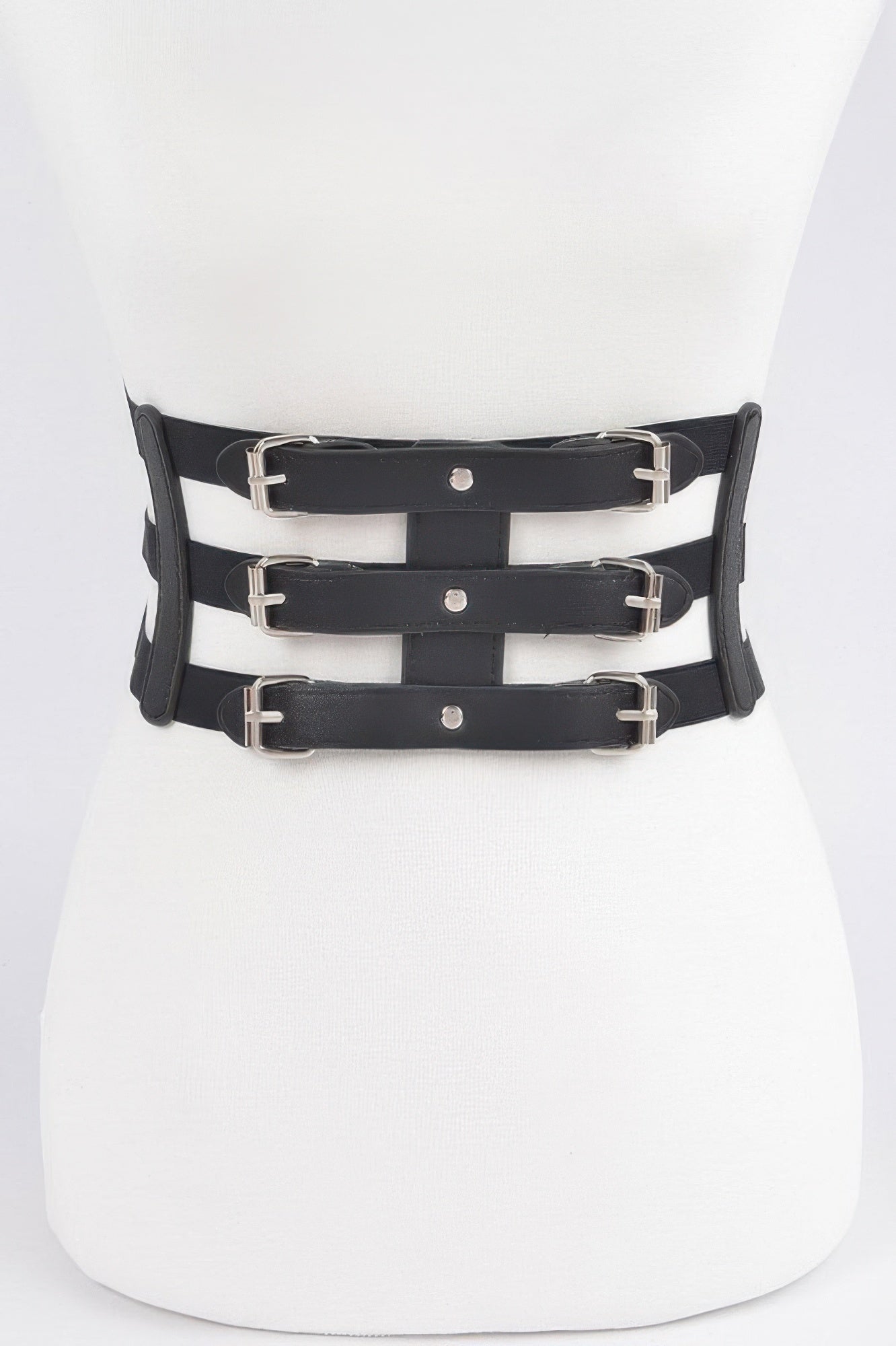 CCWHOLESALECLOTHING black wide elastic belt for women three buckle corset style with elastic side panels