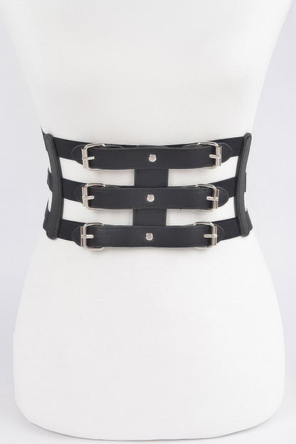 CCWHOLESALECLOTHING black wide elastic belt for women three buckle corset style with elastic side panels