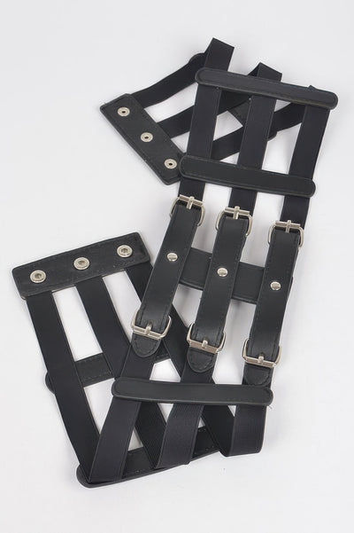 Black wide elastic belt for women with crisscross straps silver buckles and snap closures