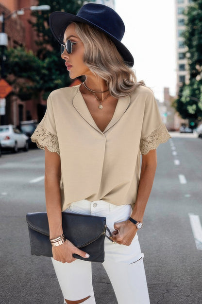 V Neck Fit Blouse beige lace short sleeve blouse worn with white jeans black clutch fedora hat