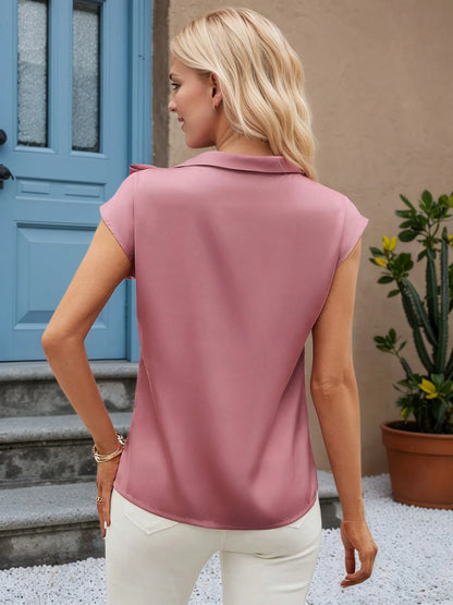 Trendsi women's bow tie blouse dusty rose back view cap sleeves collared relaxed fit casual top