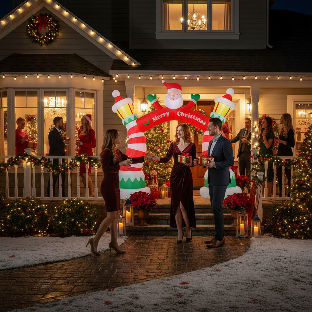 Christmas inflatable archway at night with holiday party guests arriving