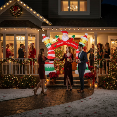 Christmas inflatable archway at night with holiday party guests arriving