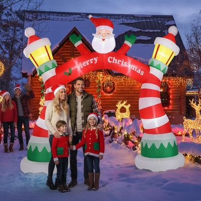 Christmas inflatable archway in front yard with family at twilight