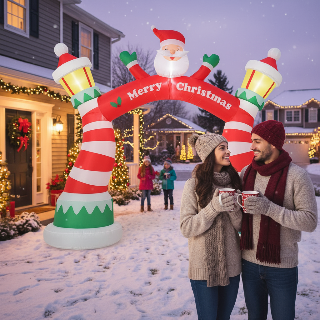 Christmas inflatable archway with couple enjoying evening holiday decorations