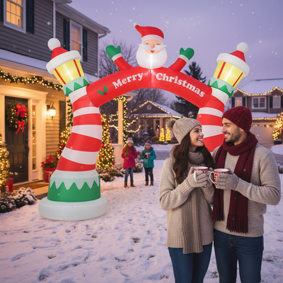 Christmas inflatable archway with couple enjoying evening holiday decorations