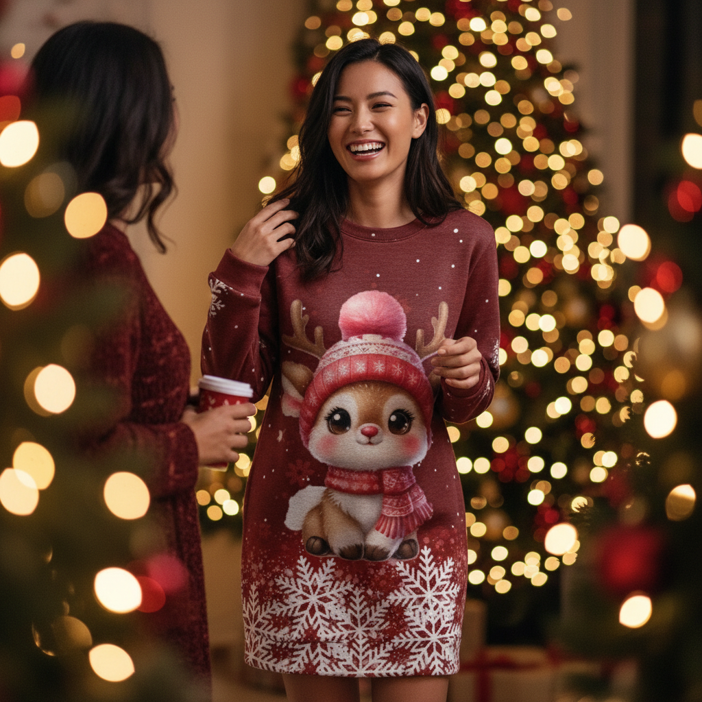 Christmas Print Long Sleeve Dress Lifestyle Image