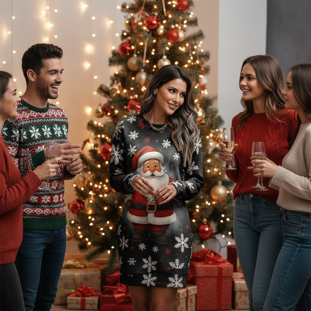 Christmas Print Long Sleeve Dress Slot 3 Penguin Design Lifestyle Image