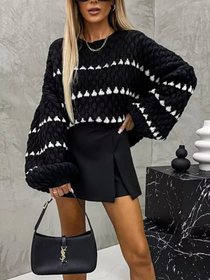 Chunky Knit Striped Sweater in Black and White with Oversized Sleeves for a Stylish Look