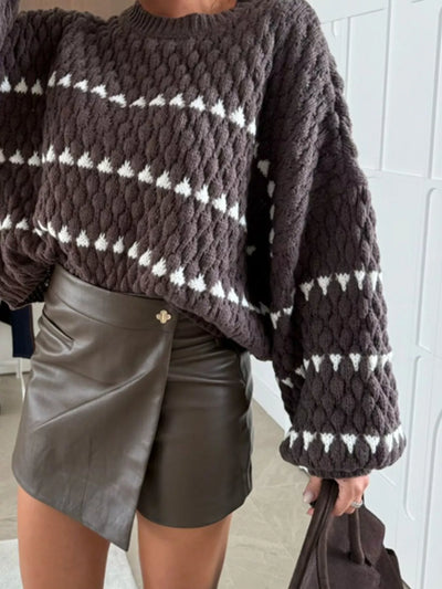 Trendsi Chunky Knit Striped Sweater in Dark Brown with Cream Stripes for a Cozy Look