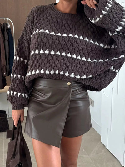 Chunky Knit Striped Sweater in dark brown and white paired with a chic leather skirt