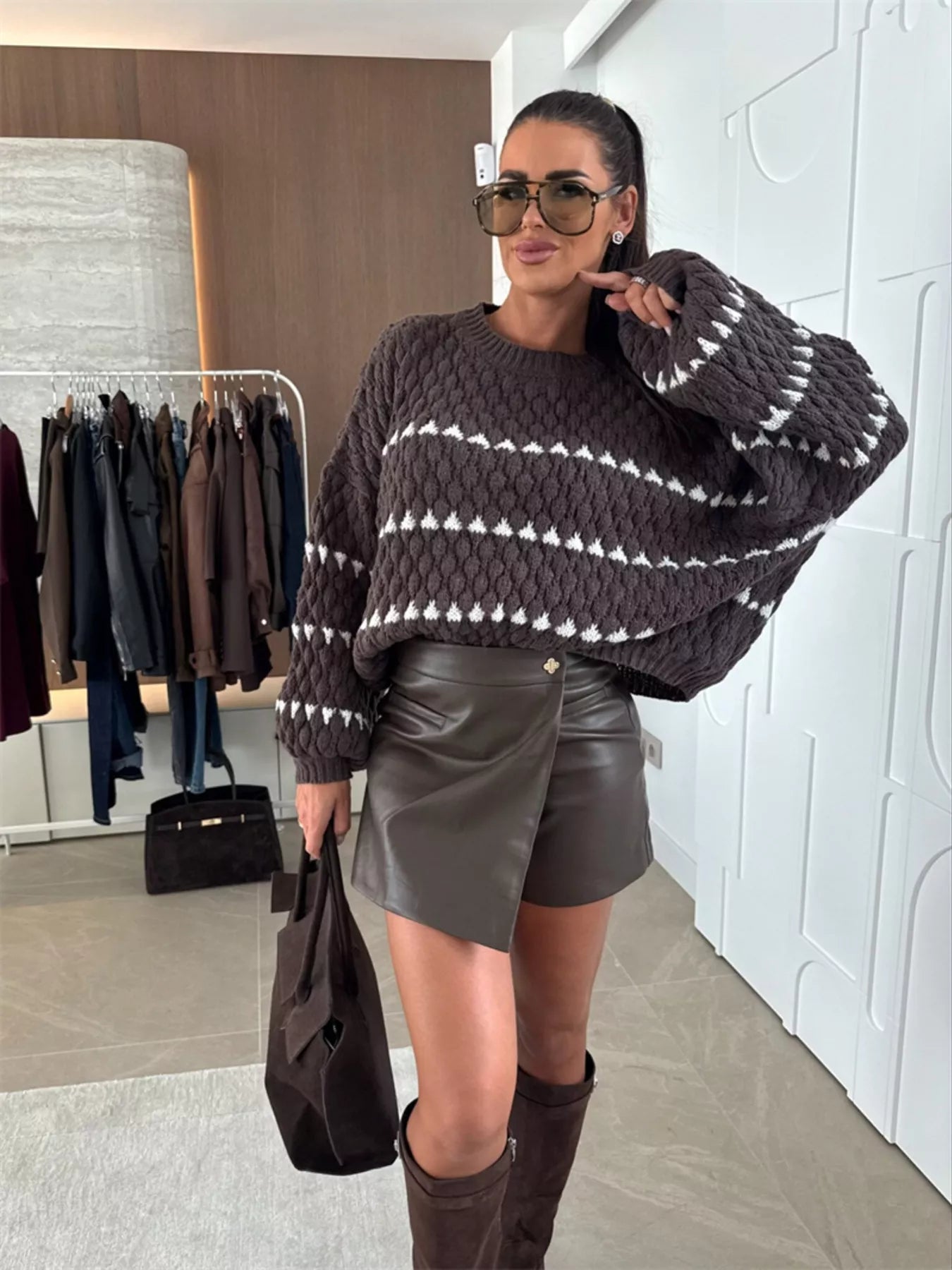 Trendsi Chunky Knit Striped Sweater in Brown with White Stripes, styled with leather shorts and sunglasses