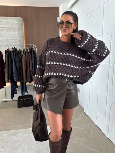 Trendsi Chunky Knit Striped Sweater in Brown with White Stripes, styled with leather shorts and sunglasses