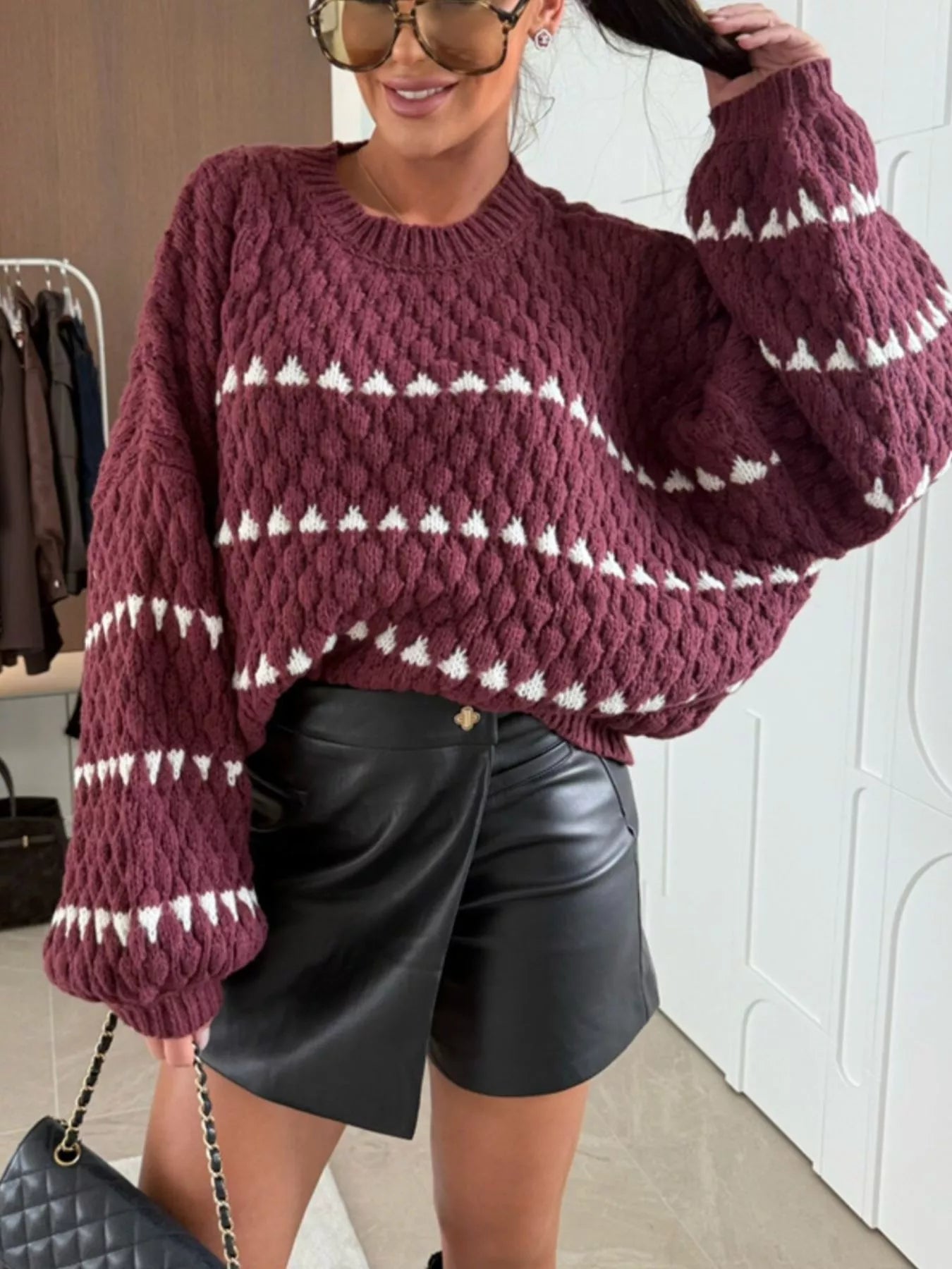 Trendsi Chunky Knit Striped Sweater in Burgundy with White Stripes, paired with a black leather skirt