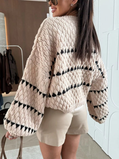 Trendsi Chunky Knit Striped Sweater in beige with black stripes and balloon sleeves, styled with shorts