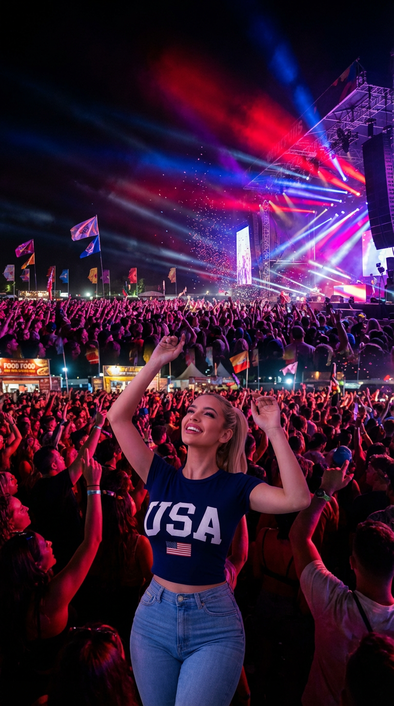 Person in a 'USA' t-shirt at a concert with vibrant lights and crowd.