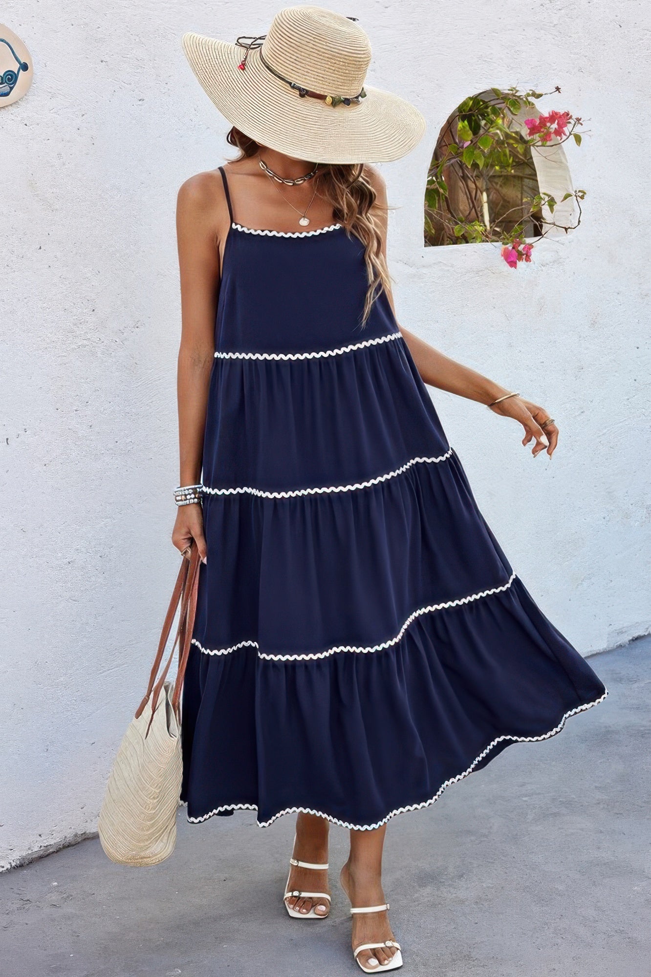 CCWHOLESALECLOTHING navy tiered sundress with white trim spaghetti straps straw hat and tote A Line Ankle Dress