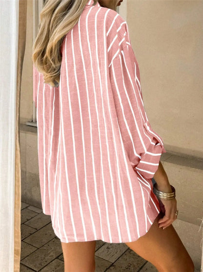 Trendsi Striped Button-Up Shirt back view oversized pink and white vertical stripes long sleeve tunic