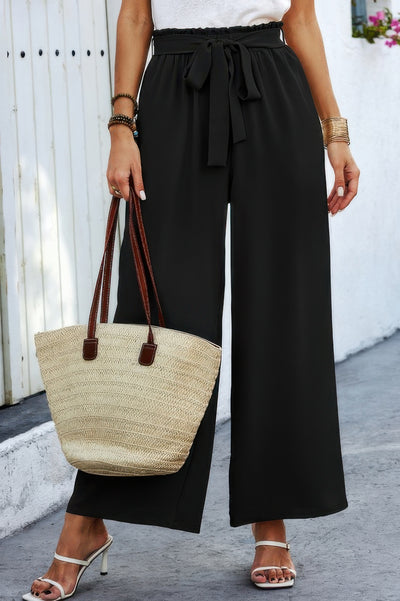 Tie Pockets Knot Pants black wide leg high waist with tie belt and pockets styled with straw tote and white sandals