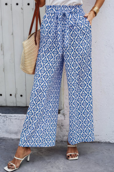 Blue and white geometric wide leg pants with tie waist and side pockets Tie Pockets Knot Pants summer