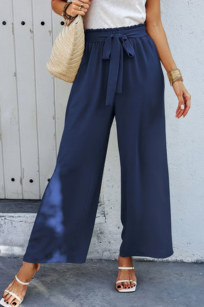 Tie Pockets Knot Pants navy wide leg cropped pants with tie waist side pockets and elastic ruffle waistband