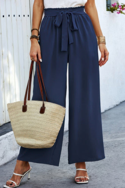 Tie Pockets Knot Pants navy wide leg high waist pants with tie belt side pockets and straw tote