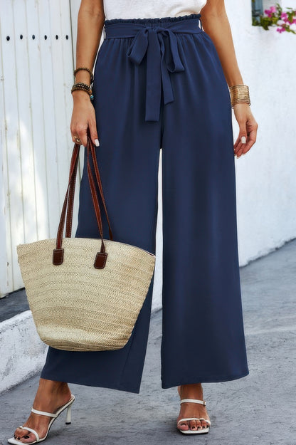 Tie Pockets Knot Pants navy wide leg high waist pants with tie belt side pockets and straw tote