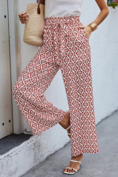 CCWHOLESALECLOTHING Tie Pockets Knot Pants red white geometric print wide leg high waist with pockets