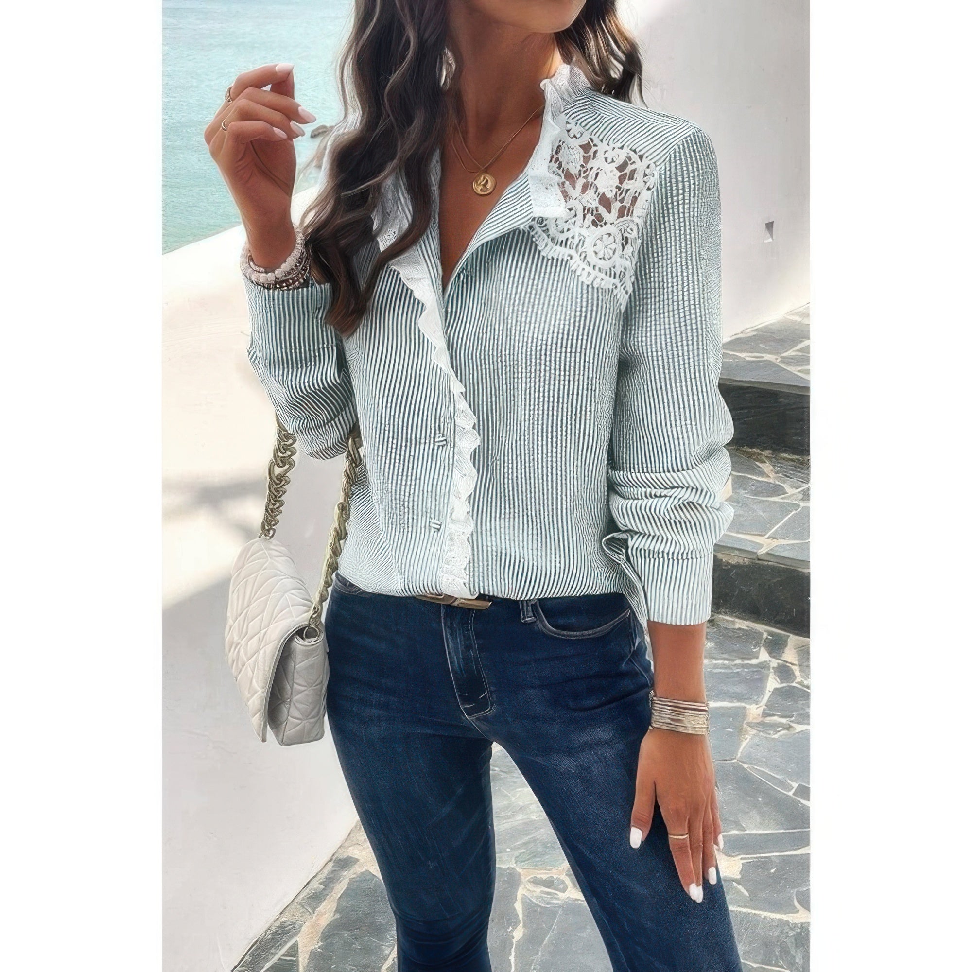 Button Front Shirt light green ribbed with lace shoulder detail worn with dark jeans and quilted bag