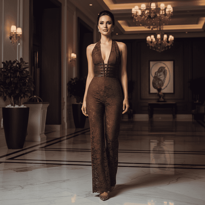 Lace Halter Jumpsuit - Deep V Wide Leg Style - Fashions Envy