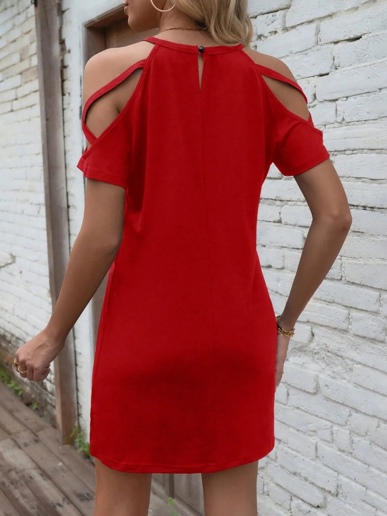Trendsi Cold Shoulder Mini Dress in vibrant red with stylish cutout details on the sleeves