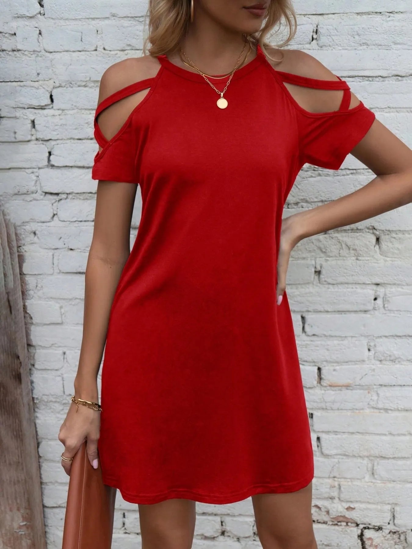 Trendsi Red Cold Shoulder Mini Dress with Stylish Cutouts and Short Sleeves