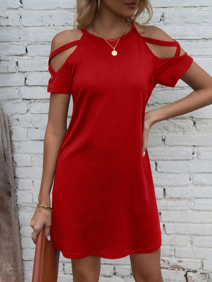 Trendsi Red Cold Shoulder Mini Dress with Stylish Cutouts and Short Sleeves