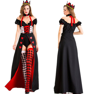 Elegant Queen of Hearts Costume Dress with Off-Shoulder Design and Red and Black Accents