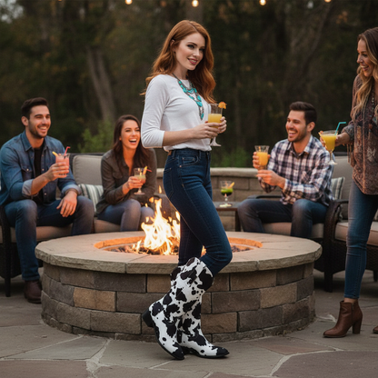 Cow Print Boots Firepit Lifestyle - Hot Redhead