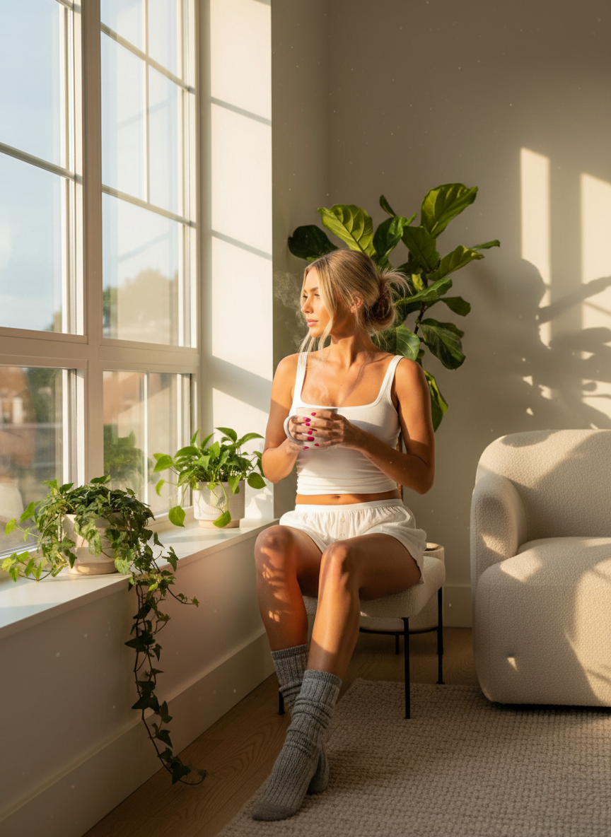 Cozy morning scene with white ribbed tank and shorts set