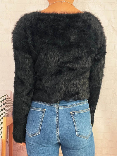 Trendsi Cozy Knit Sweater black fuzzy cropped long sleeve back view paired with high waist jeans