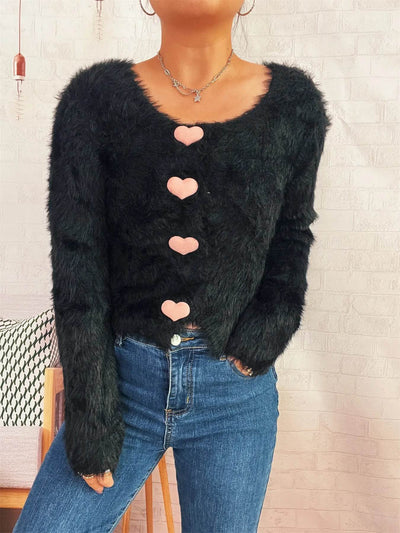 Trendsi Cozy Knit Sweater black fuzzy cardigan with pink heart buttons scoop neck and long sleeves