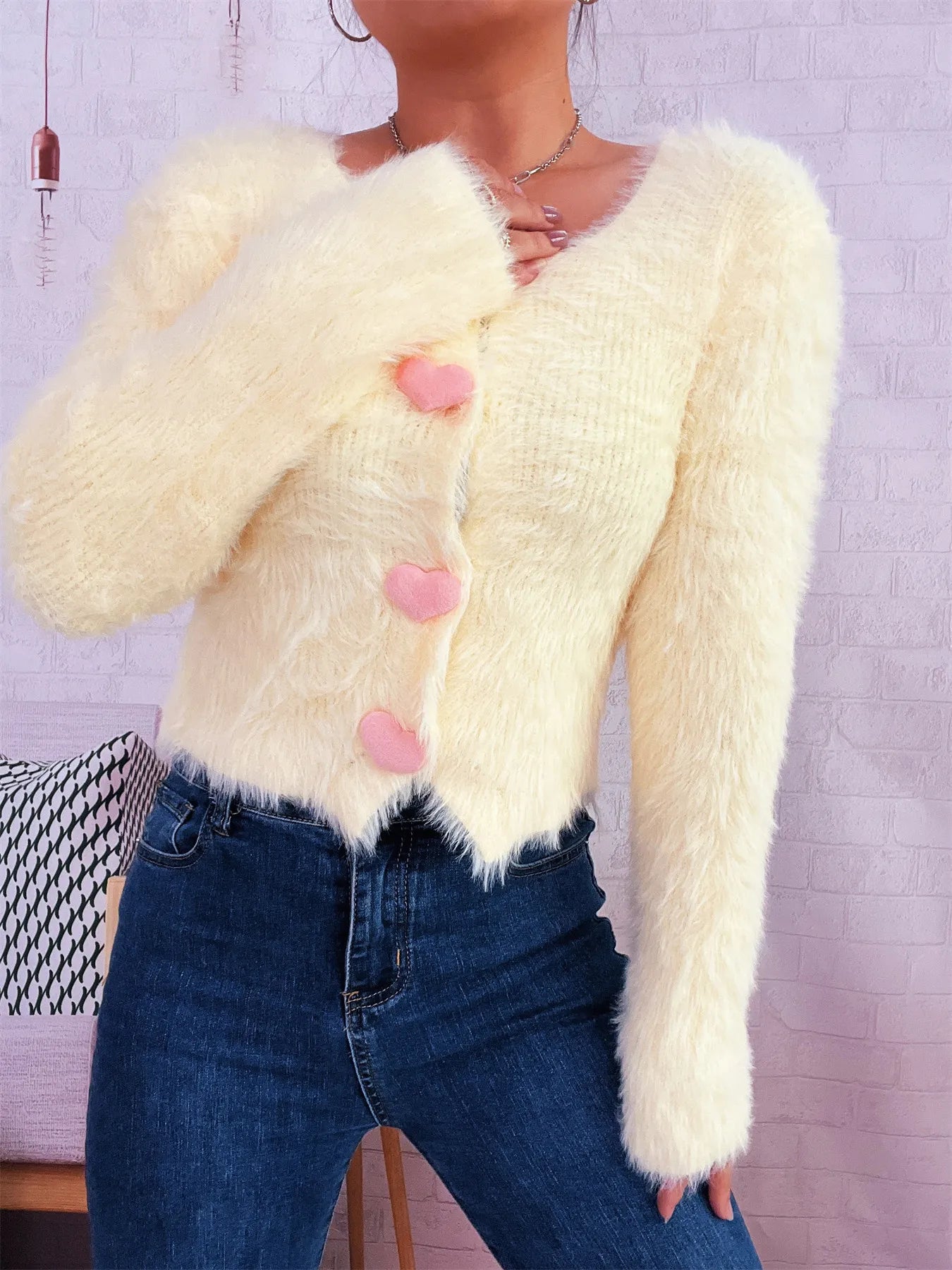 Trendsi Cozy Knit Sweater cream fuzzy cropped cardigan with pink heart buttons and long sleeves
