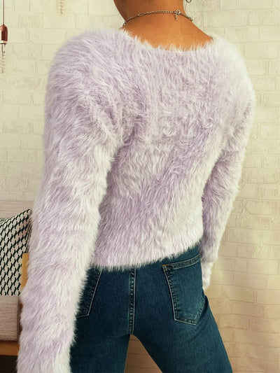Trendsi Cozy Knit Sweater light lavender fuzzy knit cropped back view with jeans
