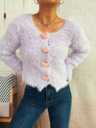 Trendsi Cozy Knit Sweater lavender fuzzy cropped cardigan with pink heart buttons worn by model in jeans