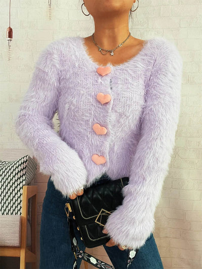 Trendsi Cozy Knit Sweater lavender fuzzy cardigan with pink heart buttons V neck long sleeves