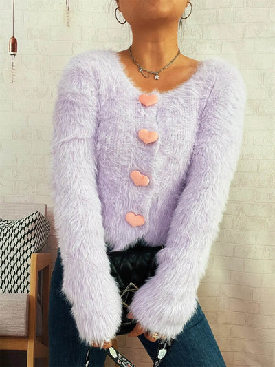 Trendsi Cozy Knit Sweater lilac fuzzy heart button cardigan with long sleeves and cropped fit
