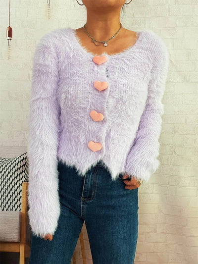 Trendsi Cozy Knit Sweater lavender fuzzy cardigan with pink heart buttons and scalloped hem