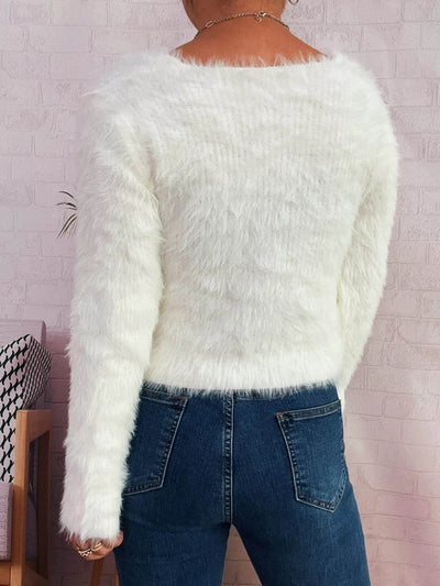 Trendsi Cozy Knit Sweater white fuzzy long sleeve cropped sweater back view paired with high waist jeans