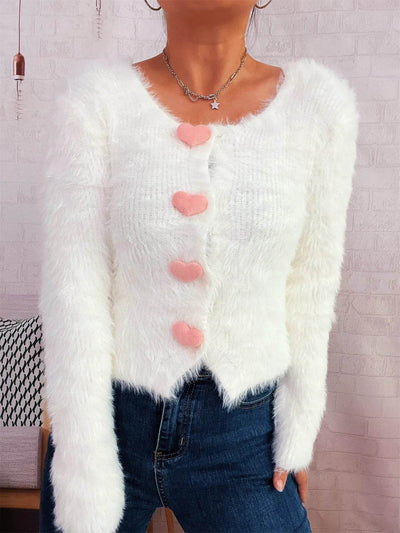 Trendsi Cozy Knit Sweater white fluffy cropped cardigan with pink heart buttons and long sleeves
